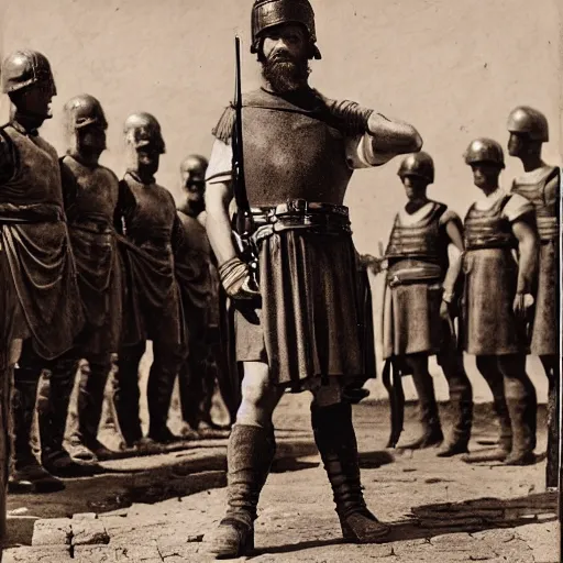 Prompt: photograph of a roman soldier in front of his army, ancient rome, photograph