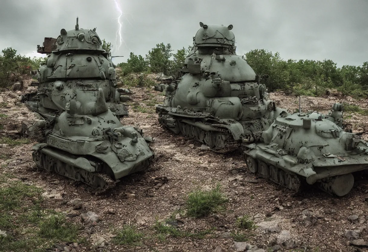 Image similar to my neighbor totoro tank, post apocalyptic style. fox holes. colorized, shot on film, wide angle, stormy sky, lightning