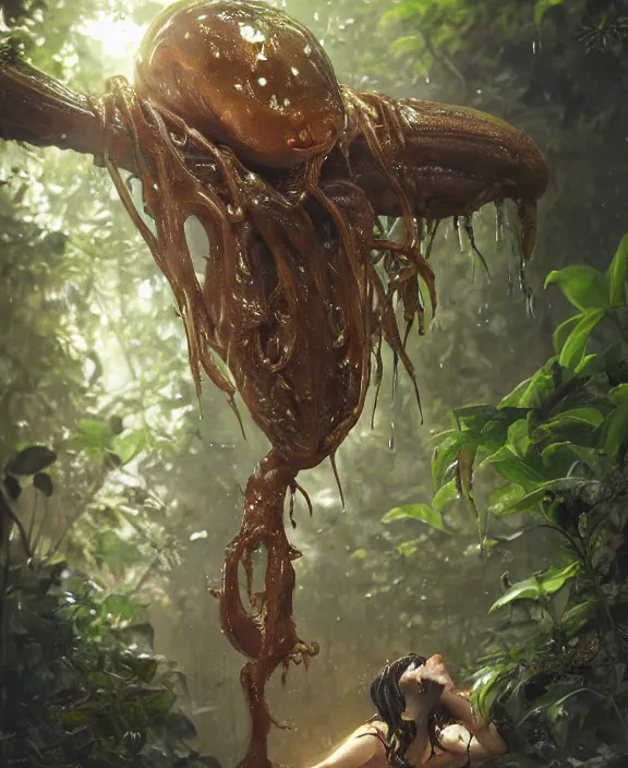 Image similar to portrait of a wet slimy alien insect creature, adorable, childlike, overgrown environment, ultra realistic, concept art, psychedelic, photorealistic, octane render, 8 k, unreal engine. art by christopher marley and artgerm and greg rutkowski and alphonse mucha