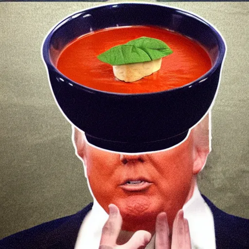 Prompt: bowl of tomato soup balancing on donald trumps head,