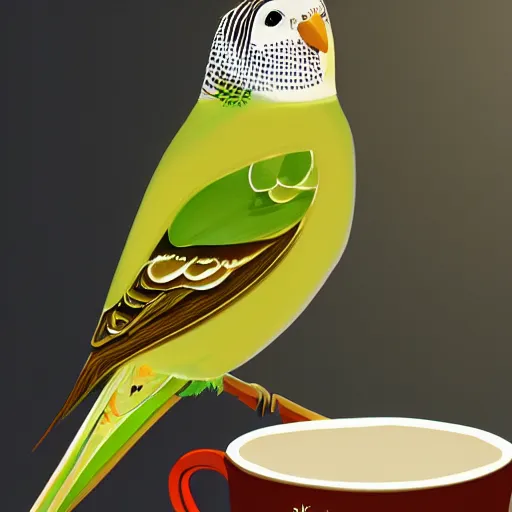 Image similar to fantasy painting of a budgie holsing a cup of tea, award winning, stylized, artstation, hd