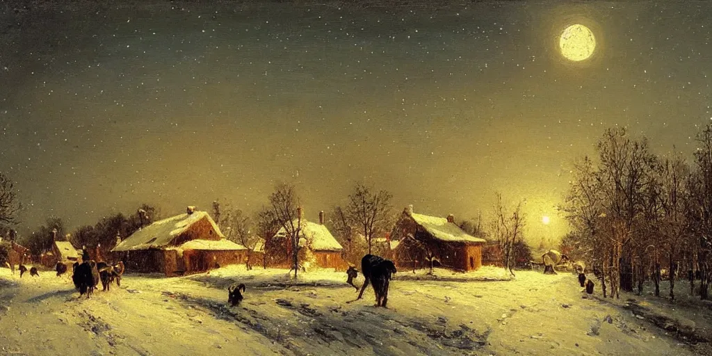 Prompt: a scene of a small rural russian village at night, stars, moon, wintertime, painting by nikolay makovsky