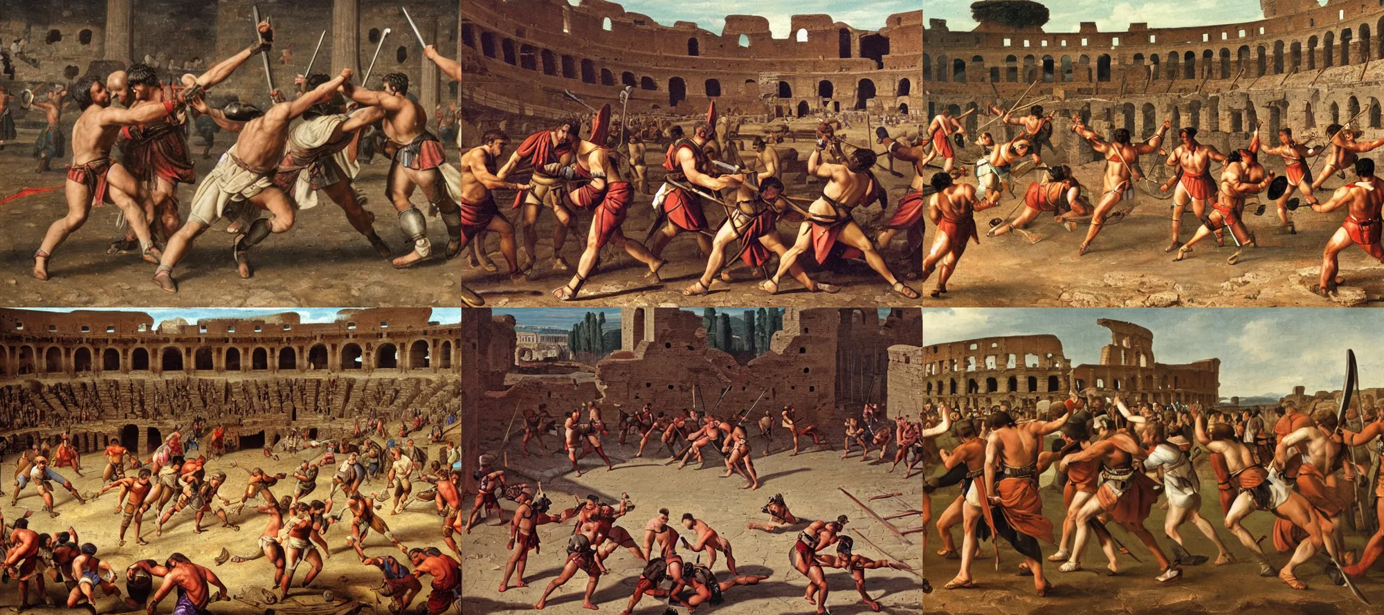 Image similar to Gladiators fighting in a roman colosseum