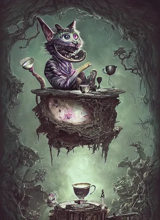 Prompt: Cheshire Cat drinking tea with Mad hatter, death tarot card,highly detailed,half skull face,cinematic,8k,by Stanley Artgermm,Tom Bagshaw,Greg Rutkowski,Carne Griffiths, Ayami Kojima, Beksinski, Giger,trending on DeviantArt,hyper detailed,horror, full of colour