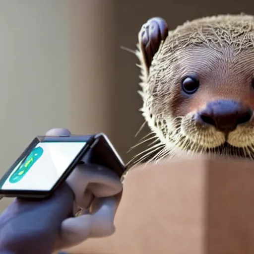 Prompt: a cute anthropomorphic otter using an android phone at home