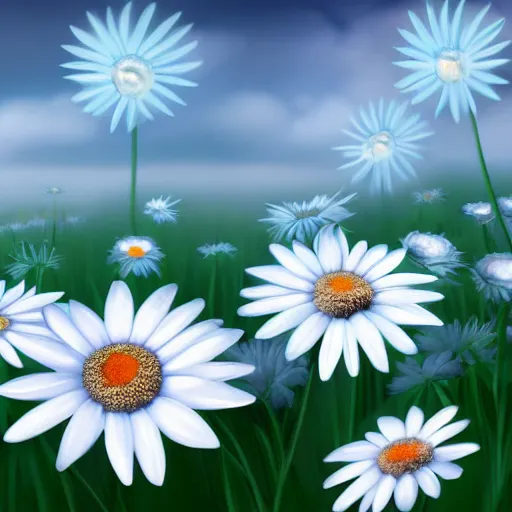 Image similar to a field of light blue daisies with a white sky in the background, matte painting