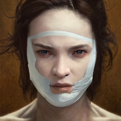 Image similar to epic portrait an female nurse with short sleeves and a mask holding a syringe, sweaty skin, hyperrealistic, expressive, emotional, moody, contre jour, octane render, cinematic, beautiful face and flawless skin, perfect hands, 5 fingers, by Edgar Maxence and Ross Tran and Michael Whelan, Legends of Runeterra