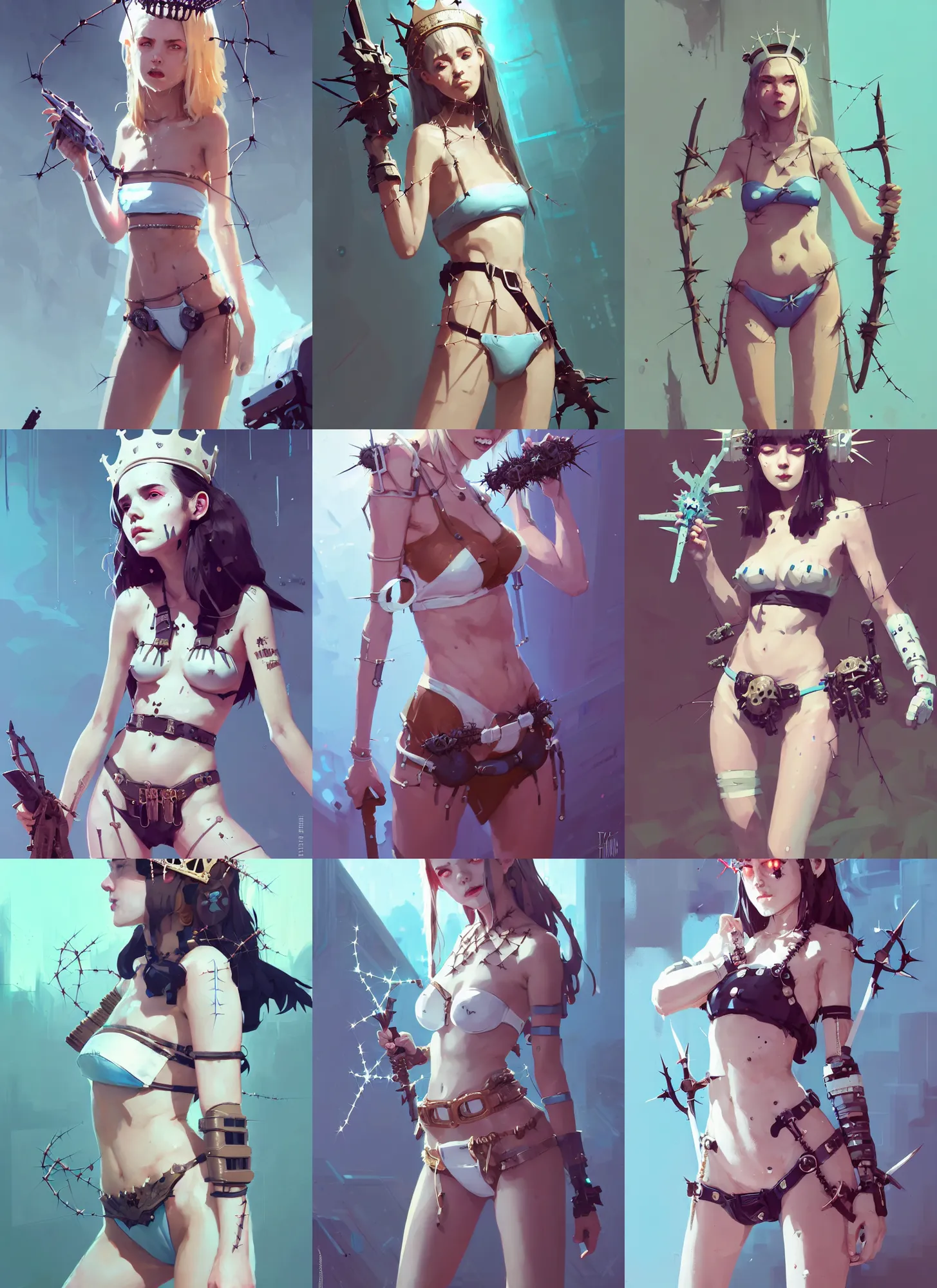 Image similar to portrait of cute maiden girl with crown of thorns and white short hairs, dressed in belts bikini, warhammer, cyberpunk, by atey ghailan, by greg rutkowski, by greg tocchini, by james gilleard, by joe gb fenton, by kaethe butcher, dynamic lighting, gradient light blue, brown, blonde cream and white color in scheme, grunge aesthetic
