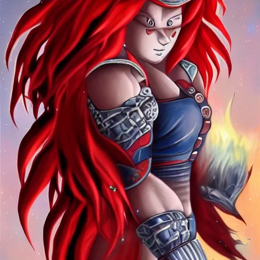 Prompt: a gorgeously defined character with long red hair and immensly glowing eyes, wearing saiyan armor with blue baggy pants, surrealism art, portrait!!, intricately detailed, 4 k quality