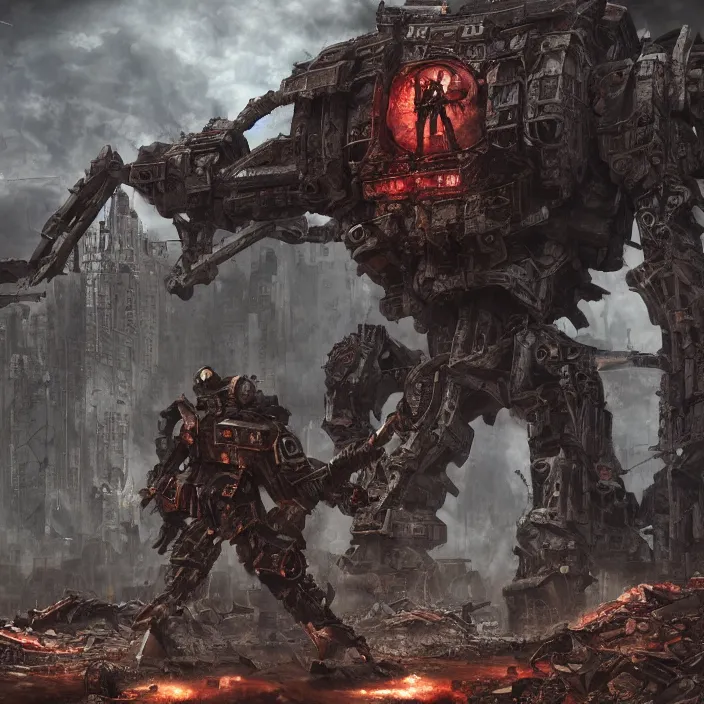 Image similar to mech - warrior with background of crumbling buildings, hyper - detailed, octane render, sharp focus, 4 k ultra hd, fantasy dark art, apocalyptic art