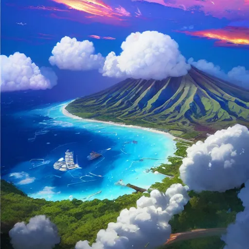 Image similar to a painting a breathtaking aerial view of Hawaiian islands, surrounded by palm trees, clouds, flowers, volcano, azure ocean, sunlight glistening, glow, , a detailed matte painting by sylvain sarrailh, Stephan Martinière, by RHADS, Makoto Shinkai, bokeh, Artstation contest winner, fantasy art, concept art, #vfxfriday