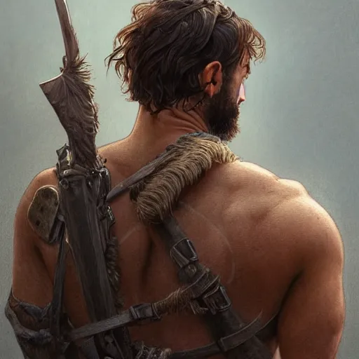 Image similar to back portrait of a rugged ranger, full body, hairy torso, half up half down, D&D, fantasy, intricate, elegant, highly detailed, digital painting, artstation, concept art, matte, sharp focus, illustration, art by Artgerm and Greg Rutkowski and Alphonse Mucha