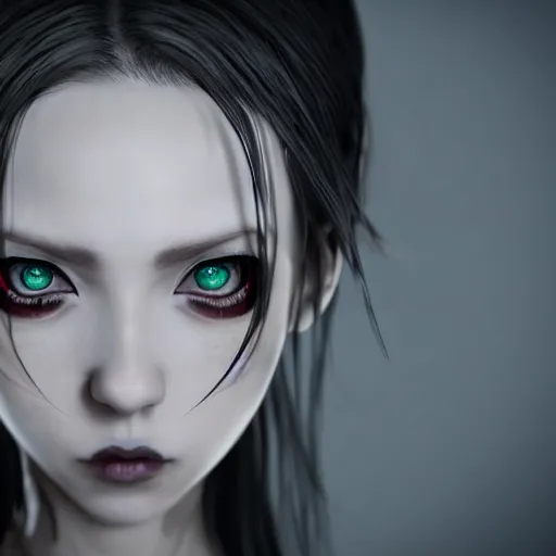 Image similar to photorealistic full shot portrait of angry darkness anime girl, inspired by Tim Burton, detailed, unreal engine 4k