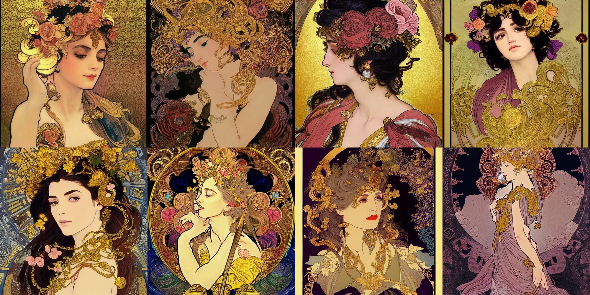 Prompt: Rosen Maiden, gilding, gold leaf, obsidian and gold, detailed intricate ink illustration, heavenly atmosphere, detailed illustration, hd, 4k, digital art, overdetailed art, concept art, complementing colors, trending on artstation, Cgstudio, the most beautiful image ever created, dramatic, subtle details, illustration painting by alphonse mucha and frank frazetta daarken, vibrant colors, 8K, style by Wes Anderson, award winning artwork, high quality printing, fine art, gold elements, intricate, epic lighting, very very very very beautiful scenery, 8k resolution, digital painting, sharp focus, professional art, atmospheric environment, art by artgerm and greg rutkowski, by simon stålenhag, rendered by Beeple, by Makoto Shinkai, syd meade, 8k ultra hd, artstationHD, 3d render, hyper detailed