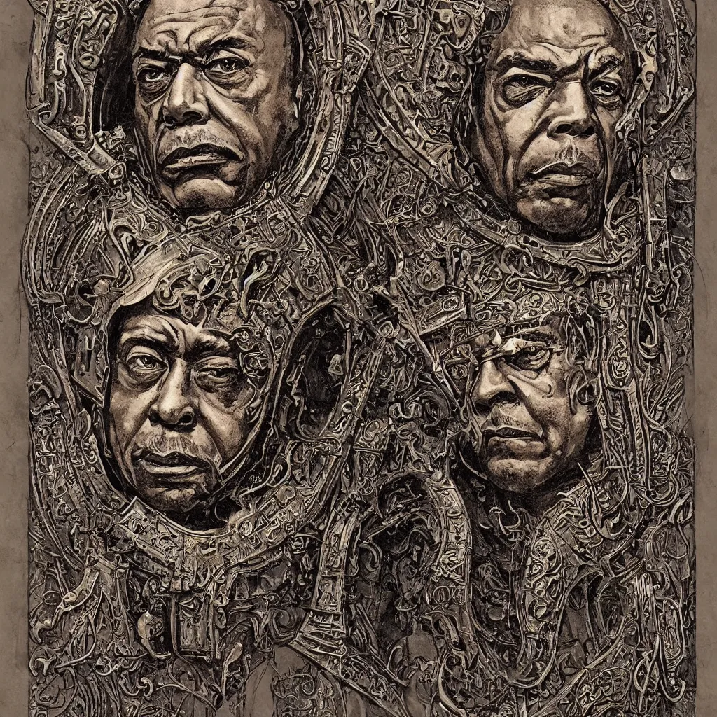 Image similar to decayed art nouveau bust portrait of James Earl Jones as Thulsa Doom in shining rune-carved armor by Kyle Hotz and Michael Golden, with rich atmospheric colors, sinister ambience, perfect mixed media illustration, accurate symmetrical anatomy details, metallic art nouveau border designs, precise machinery, perfect symmetry, sumerian, roman, egyptian, medieval, bill sienkiewicz