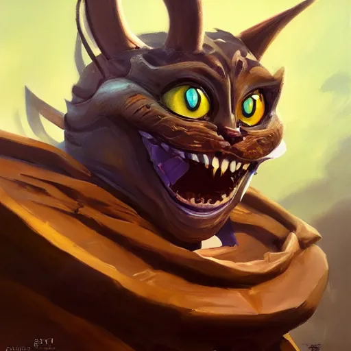 Image similar to greg manchess portrait painting of partially armored cheshire cat from alice in wonderland as overwatch character, medium shot, asymmetrical, profile picture, organic painting, sunny day, matte painting, bold shapes, hard edges, street art, trending on artstation, by huang guangjian, gil elvgren, ruan jia, randy vargas, greg rutkowski