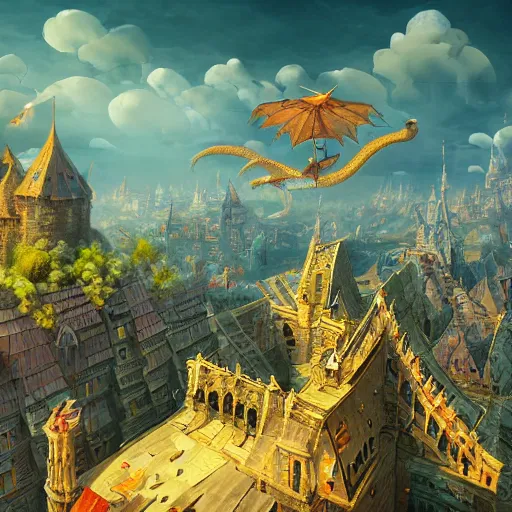 Image similar to dragon flying over medival city by Tiger HKN and Gediminas Pranckevicius, MapleStory, Game Art, hyper detailed, Character Modeling, cartoon, cinematic, raytrace, concept art, Trend on Behance 3d Art, V-Ray, Maya, C4D