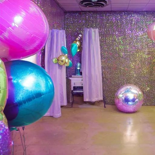 Image similar to photo of the backrooms with balloons and disco ball