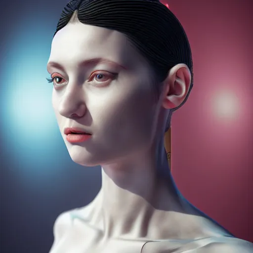 Image similar to hyperrealism aesthetic photography in caravaggio style quntum computer simulation visualisation of parallel universe cyberpunk scene with beautiful detailed ukrainian woman with detailed face wearing ukrainian traditional shirt and wearing retrofuturistic sci - fi neural interface designed by josan gonzalez. hyperrealism photo on pentax 6 7, by giorgio de chirico volumetric natural light rendered in blender