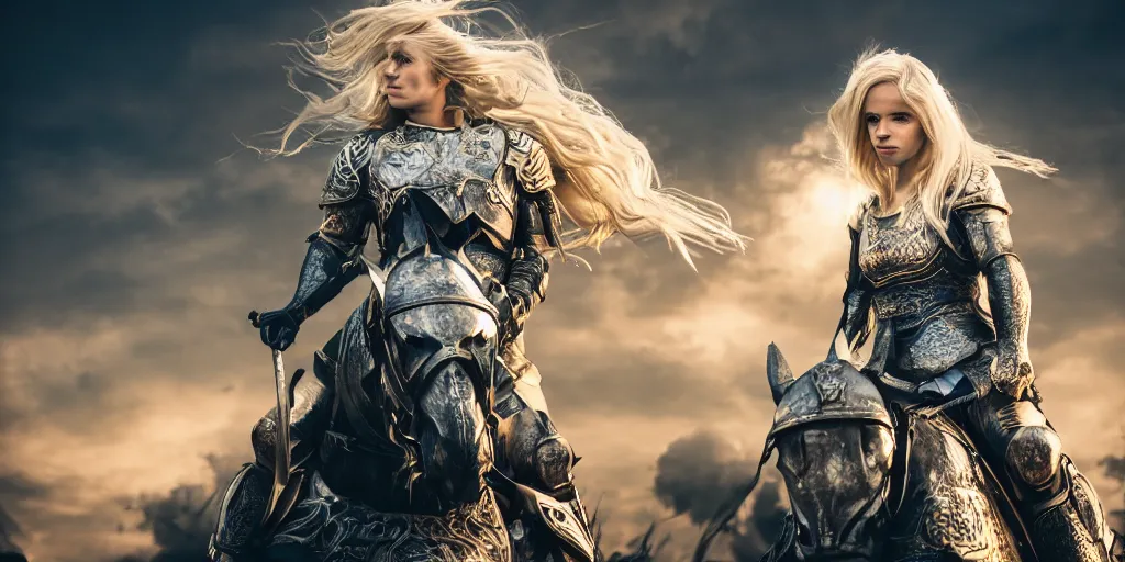 Prompt: a beautiful blond woman riding an armored griphon into battle, 8 k, moody lighting, shallow depth of field,