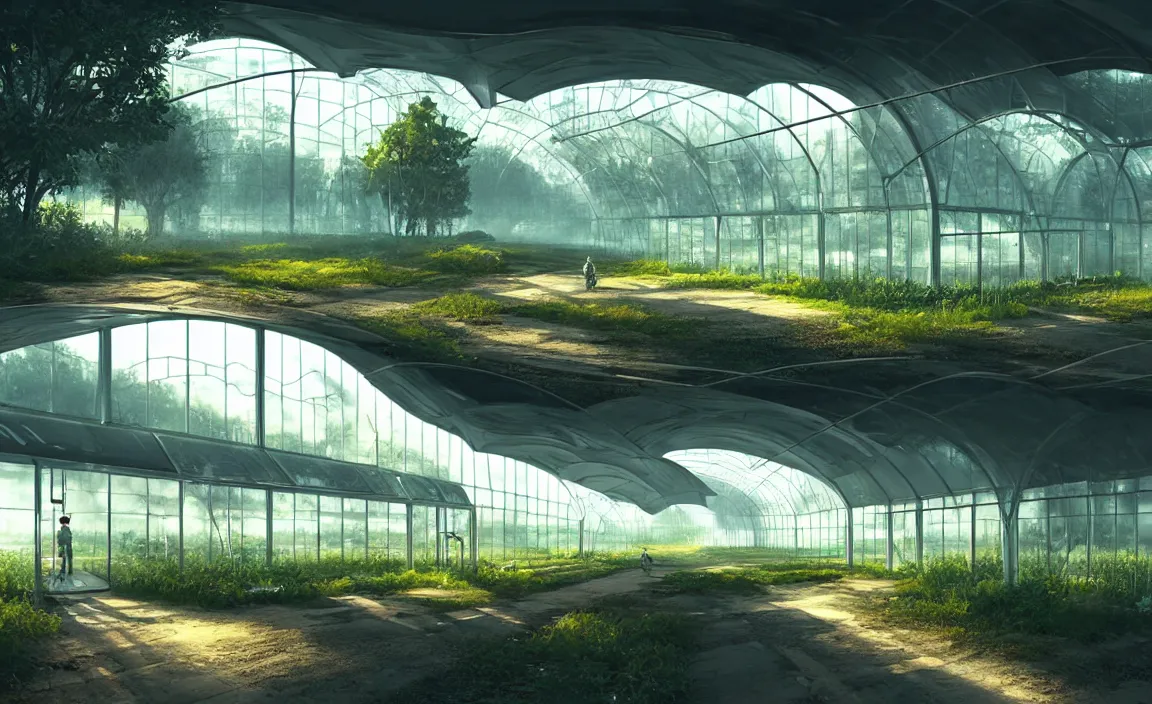 Prompt: road to glass greenhouse, open space, future science fiction. game cg, hyperdetailed, trending on cgsociety