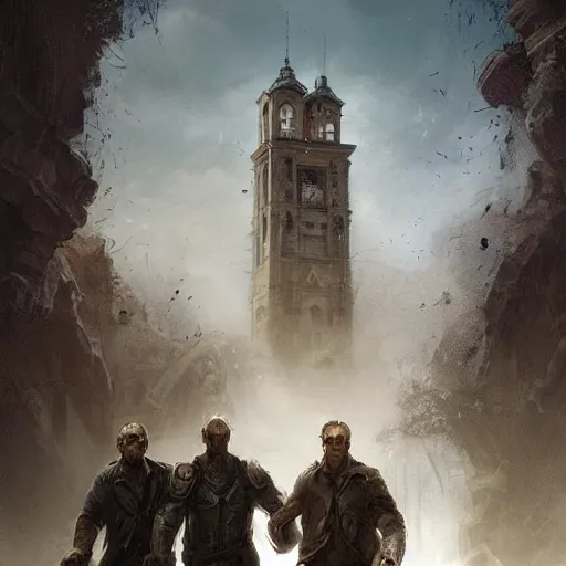 Image similar to epic masterpiece of cinematographic hyperrealism where a group of archeologists appears in front of a large demonic tower. realistic shaded lighting poster by craig mallismo, artgerm, jeremy lipkin and michael garmash, unreal engine, detailed and intricate environment, digital art, art station trends, horror, night, dark and stormy, matte