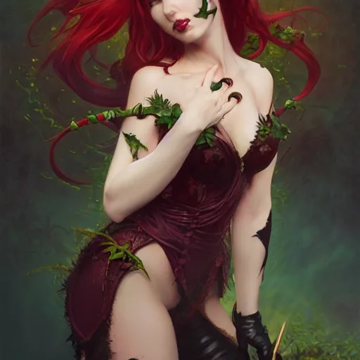 Prompt: a beautiful and detailed matte painting of a seductive vampire cat girl dressed as poison ivy, fantasy, d & d, dark eyeliner, intricate, elegant, highly detailed, digital painting, artstation, concept art, matte, sharp focus, illustration, art by greg rutkowski and alphonse mucha