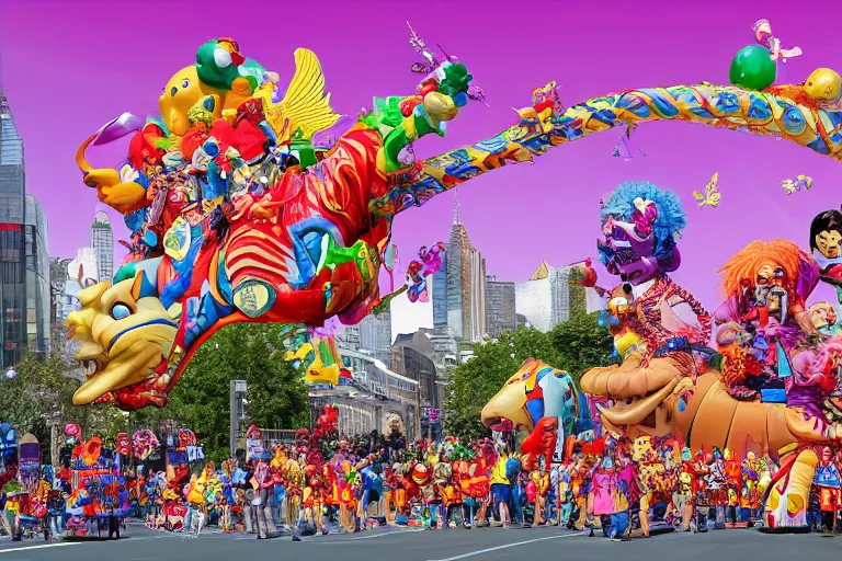 Prompt: photo of giant elaborate parade float characters designed by geoff darrow!!!! and ( ( ( ( ( ( lisa frank ) ) ) ) ) ), in the macys parade, detailed 4 k photo