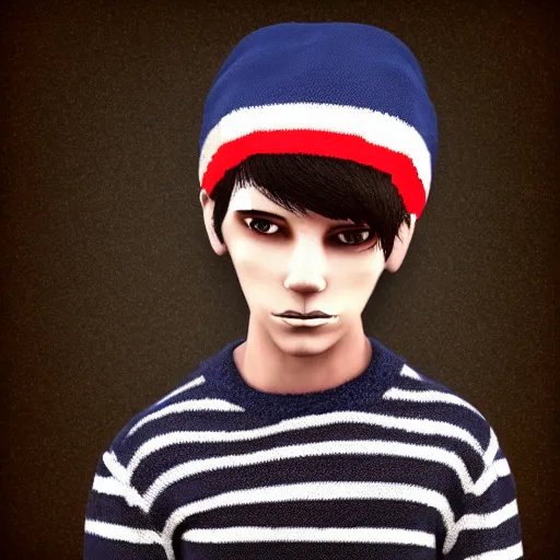 Prompt: a emo boy wearing a striped sweater and hat, a stock photo by tim biskup, featured on zbrush central, figurativism, zbrush, character, made of plastic,