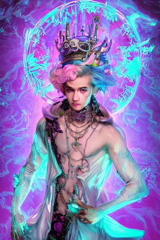 Image similar to full-body rococo and cyberpunk delicate neon crystalline sculpture of ((young muscular onyx albino prince Zayn Malik)) as an blue iridescent humanoid deity wearing ((peach plastic hooded cloak)) (holding a human skull) in a onyx castle dungeon, reclining, glowing pink face, crown of (pink lasers), large blue diamonds, swirling black silk fabric. futuristic elements. oozing glowing liquid, full-length view. space robots. intricate artwork by caravaggio. Trending on artstation, octane render, cinematic lighting from the right, hyper realism, octane render, 8k, depth of field, 3D