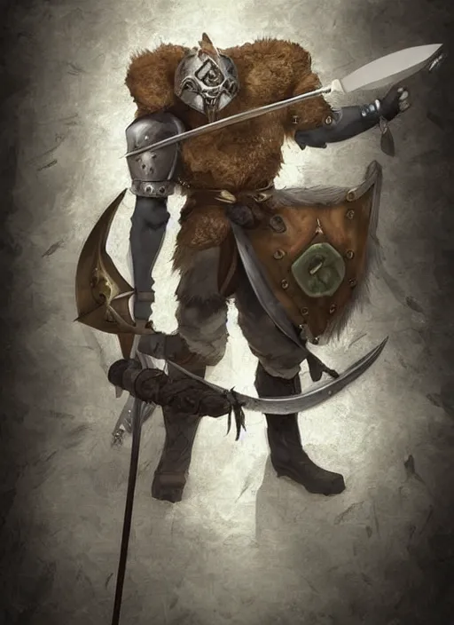 Image similar to strong young man, photorealistic bugbear ranger holding aflaming sword, black beard, dungeons and dragons, pathfinder, roleplaying game art, hunters gear, jeweled ornate leather and steel armour, concept art, character design on white background, by studio ghibli, makoto shinkai, kim jung giu, poster art, game art