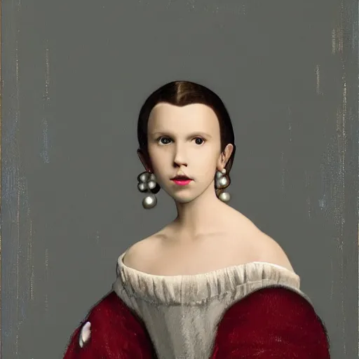 Prompt: Millie Bobby Brown with the pearl earrings by Johannes Vermeer