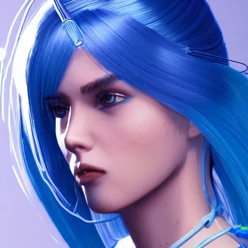 Image similar to a beautiful woman with blue hair wearing robot suit with wires and light, highly detailed, photorealistic, artstation, smooth