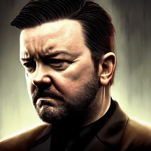 Image similar to closeup portrait of a ricky gervais as a hitman, the matrix, dramatic light, gorgeous view, depth, high detail, digital art, painted by greg rutkowski and seb mckinnon, by tim burton, trending on artstation