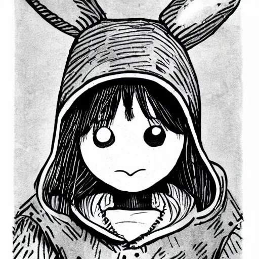 Prompt: a black and white ink drawing close - up of a ten year old girl with small nose and large eyes and freckles wearing an enormous winter parka and a hat with rabbit ears, cartoon character