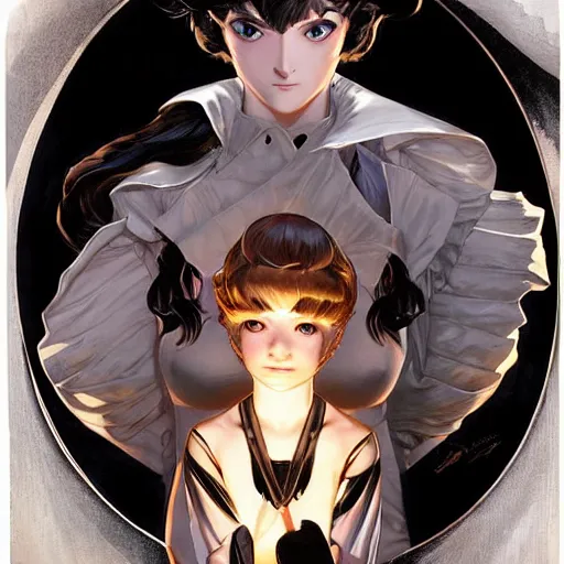 Image similar to a pair of glowing silver eyes shining in the darkness belonging to a mysterious young girl who's silhouette is hardly visible in the darkness. by jc leyendecker. shigenori soejima. gaston busussiere
