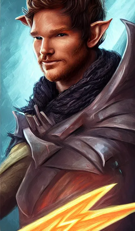 Image similar to cute whimsical half - elf sorcerer rogue with lightning, chris pratt light - brown skin d & d fantasy portrait highly detailed digital painting