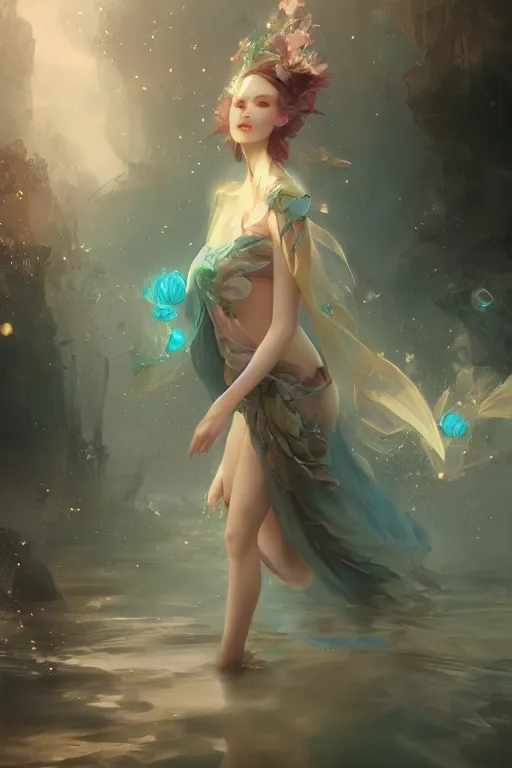 Prompt: face closeup beautiful girl fairy wearing velvet dress floating on water, 3 d render, holding electricity, hyper realistic detailed portrait, ruan jia, wlop, fantasy, hyper detailed, octane render, concept art, peter mohrbacher