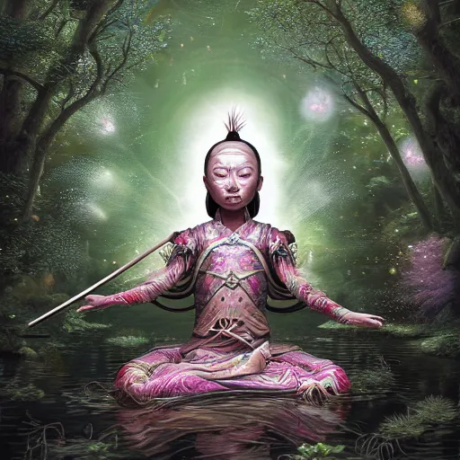 Prompt: magical samurai floating meditating in enchanted forest, digital art, surreal, beautiful, detailed, highly detailed, intricate, powerful warrior, glowing, prismatic, pearlescent, portrait, detailed, realism, classical, trending on artstation, 8k, ultra realistic, highly detailed, by alex grey, by moebius, by peter mohrbacher, japanese art, zen, zen garden