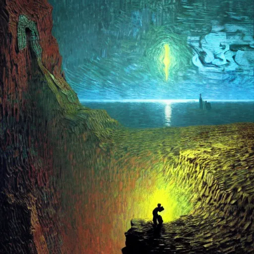 Prompt: A man climbs a cliff while coding A.I. on a laptop - award-winning digital artwork by Salvador Dali, Beksiński, Van Gogh and Monet. Stunning lighting