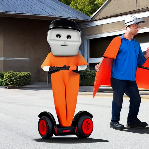 Prompt: anthropomorphic segway speeding through an industrial environman delivering packages