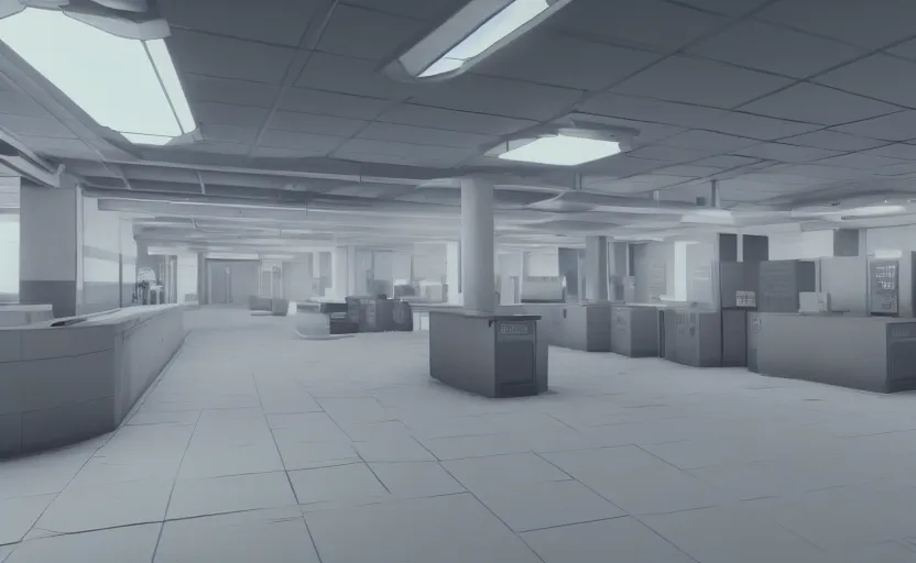 Image similar to screenshot of game on unreal engine 5, a large white empty breakroom with a security checkpoint, photorealistic, retrofuturism, brutalism, minimalist, soft vintage glow