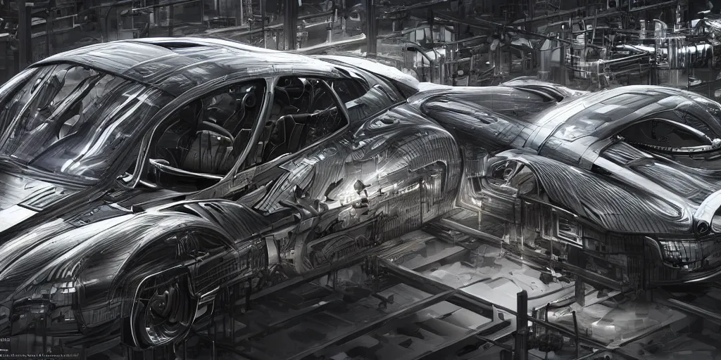 Image similar to 3 d concept art, carbon fiber automobile production line of hydrogen power energy, science fiction, beautiful, cinematic lighting, intricate details, octane rendering, trending on artstation, featured on behance.