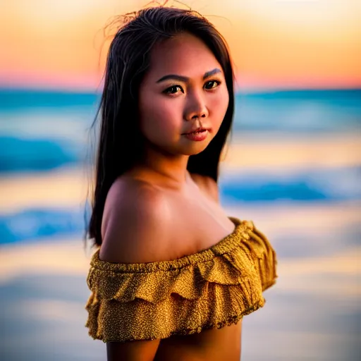 Prompt: a beautiful full body portrait of a beautiful Filipina girl, beautiful detailed eyes, golden hour, standing on a beach in Boracay, outdoors, professional award winning portrait photography, Zeiss 150mm f/ 2.8 Hasselblad