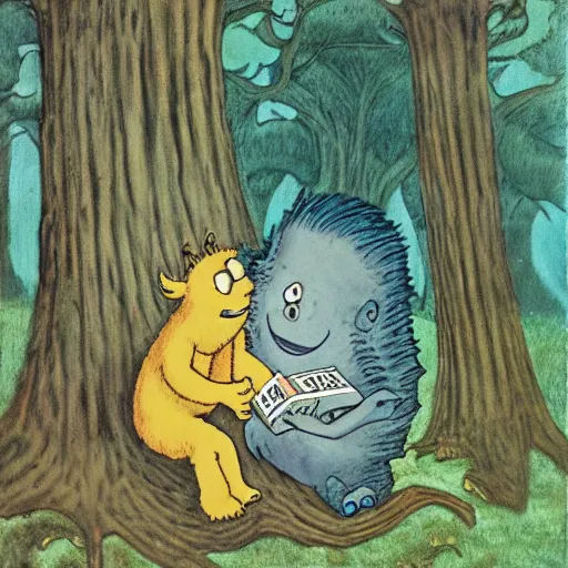 Prompt: monster reading a book in a forest, where the wild things are, bicycle, log, oil on canvas, calm, maurice sendak