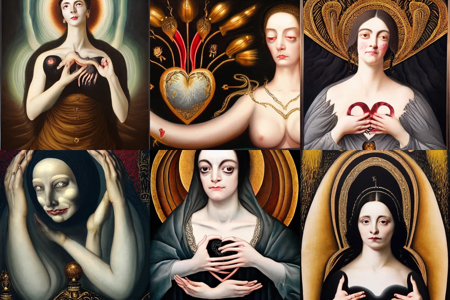 Prompt: Beautiful woman with fractured pale face in black cloth holds surreal ornate heart in her hands, the long shot, dramatic lighting, high-detailed oil painting by Christensen, James C and William Blake, masterpiece, 4k