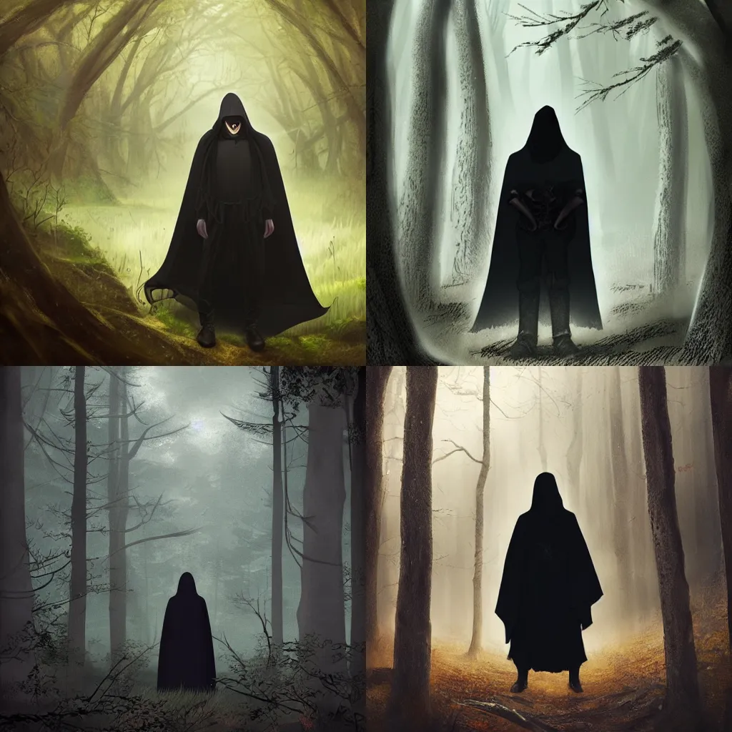 Prompt: mysterious man wearing black cloak in the middle of a forest, fantasy, artstation