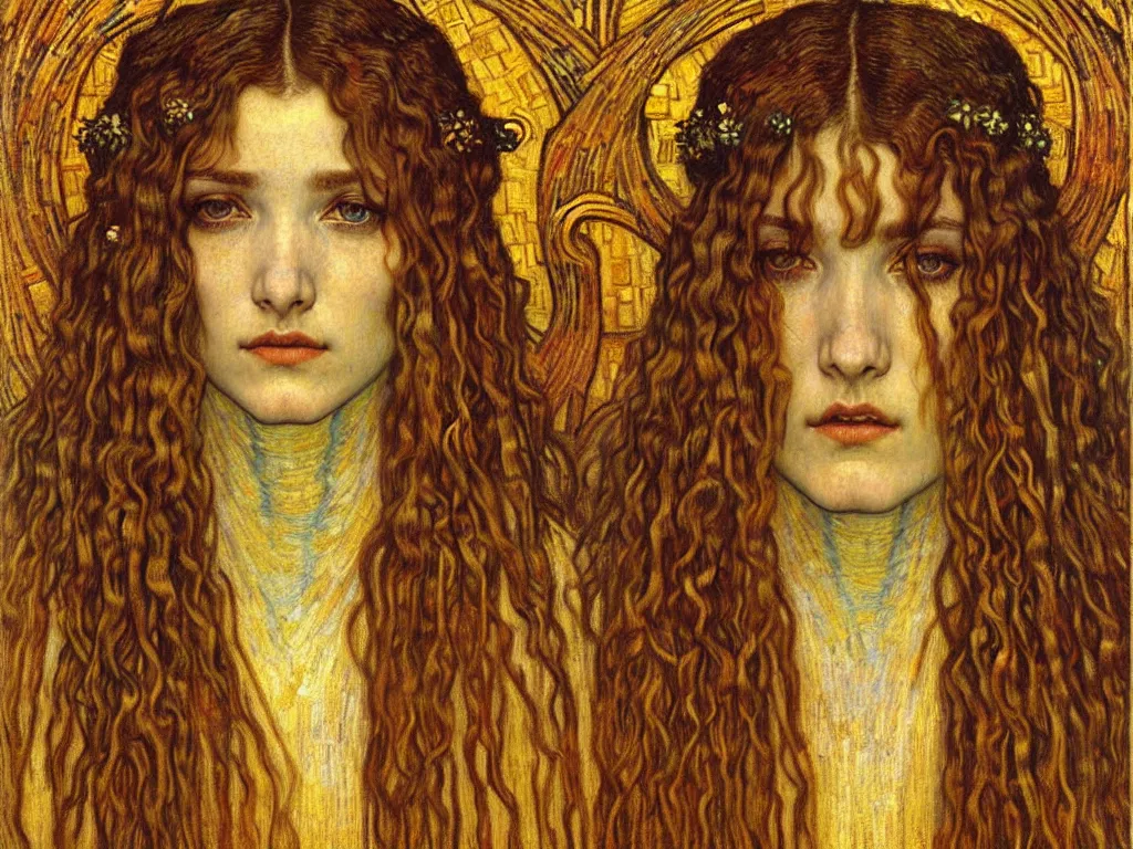 Image similar to detailed realistic beautiful young medieval queen face portrait by jean delville, gustav klimt and vincent van gogh, art nouveau, symbolist, visionary, gothic, pre - raphaelite, muted earthy colors, desaturated