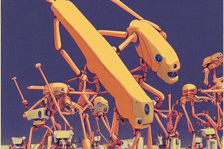 Image similar to gigantic mantises with human hands catch tiny robots, a lot of exotic mechas robots around, human heads everywhere, risograph by kawase hasui, edward hopper, satoshi kon and moebius, colorful flat surreal design, super - detailed, a lot of tiny details, fullshot
