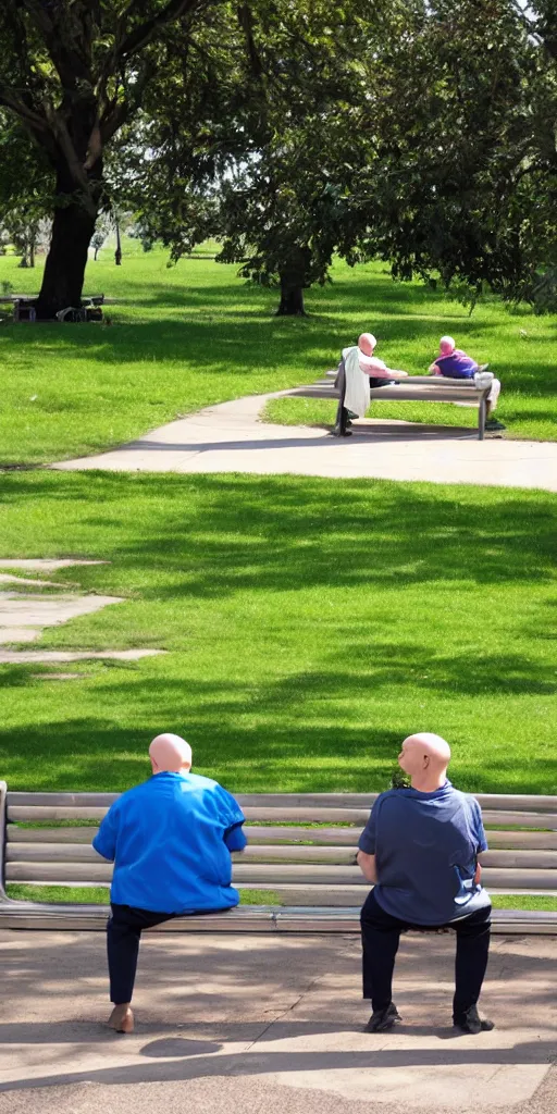 Image similar to In the park, bald old people in hospital gowns and bald children sitting on benches .